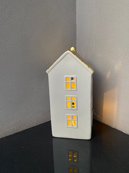 Ceramic led Warm Light White Golden Miniature House Shaped Christmas showpiece