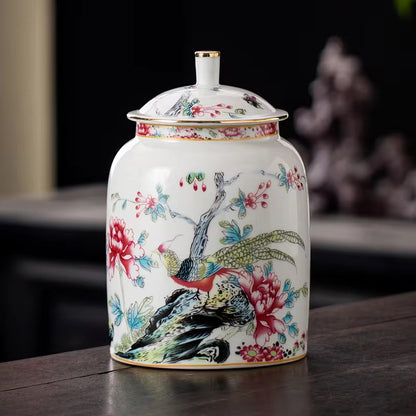 Imported Chinese Porcelain Tea ginger Jars With Lids Jingdezhen Hand-Painted bird floral Ceramic Style white pottery golden top Container spices