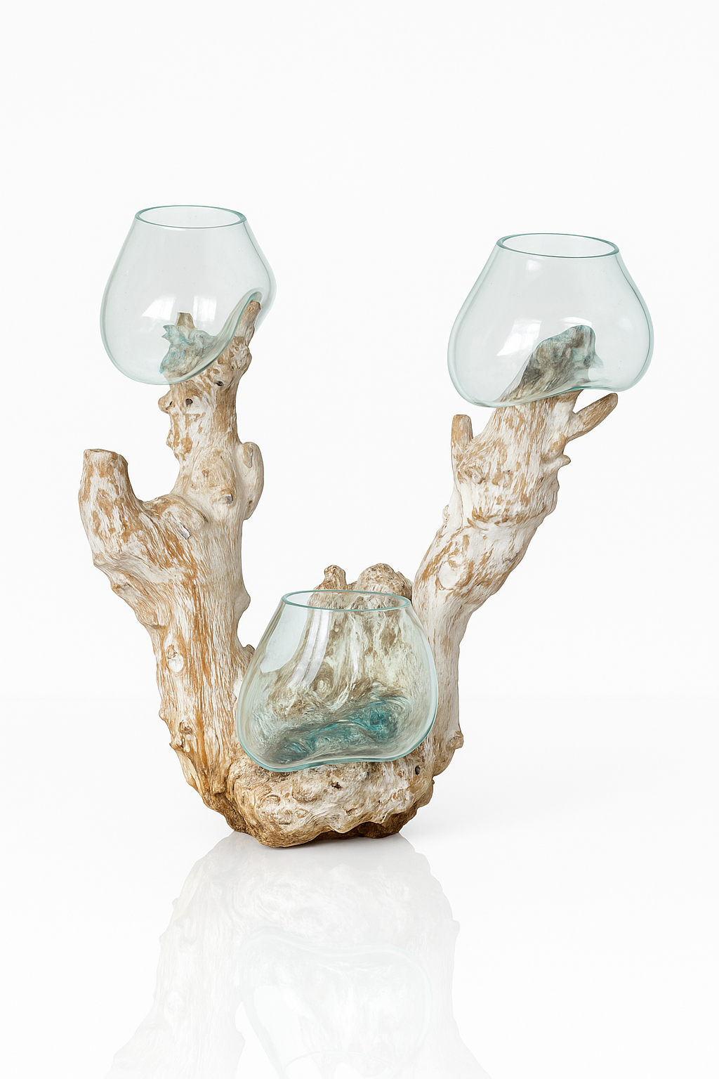 Triple handmade Molten Glass bowl on Driftwood base(limited rare edition)