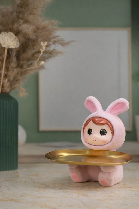 Resin Velvet Pink animal Showpiece sculpture with Golden storage tray