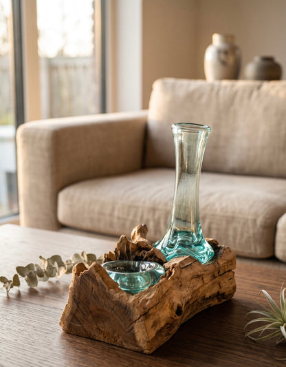 Handcrafted Molten Glass Driftwood Vase & Candle Holder -AquaFlame