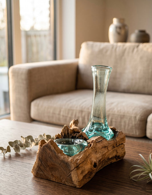 Handcrafted Molten Glass Driftwood Vase & Candle Holder -AquaFlame