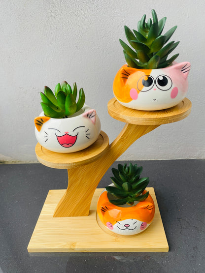 3 Cute Cat Ceramic Planters with Artificial Succulents & Diy Wooden Stand for Desk, Home & Office Table Decoration Gift Set