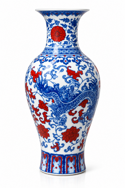 Blue & White Ceramic Vase with Dragon & Floral Motif