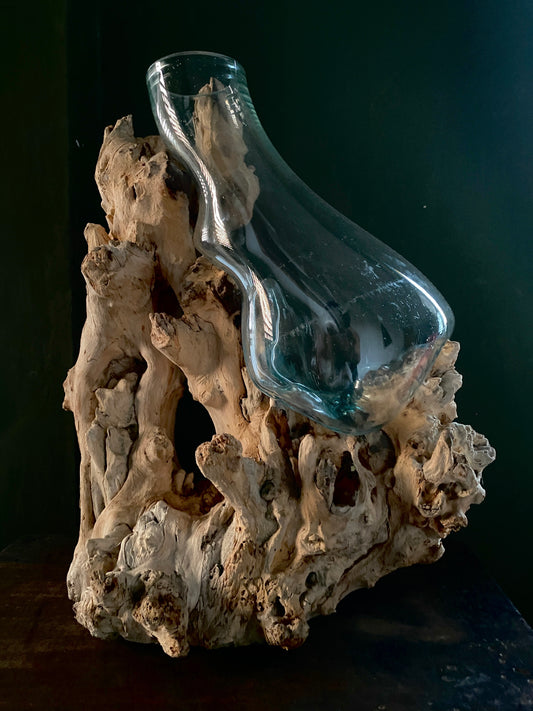 Big sized moltenglass on teak driftwood vase