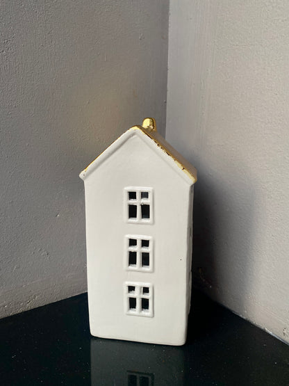 Ceramic led Warm Light White Golden Miniature House Shaped Christmas showpiece