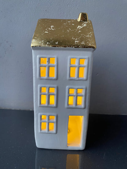 Ceramic led Warm Light White Golden Miniature House Shaped Christmas showpiece