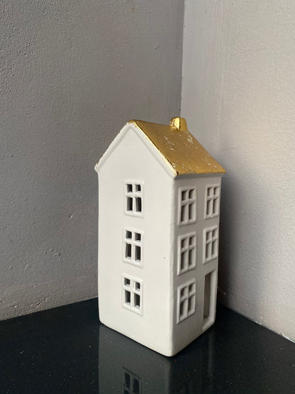 Ceramic led Warm Light White Golden Miniature House Shaped Christmas showpiece
