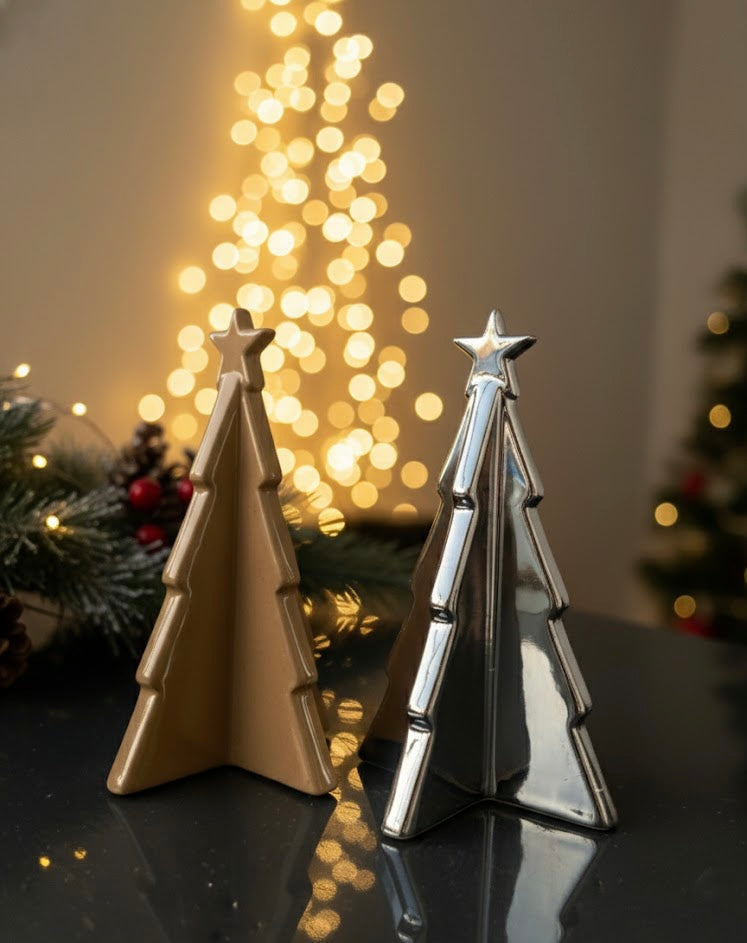 Christmas Ceramic Silver Orange Elegant Modern Tabletop Festive Decoration Tree Home Office Decor Gifting Combo(Set of 2)