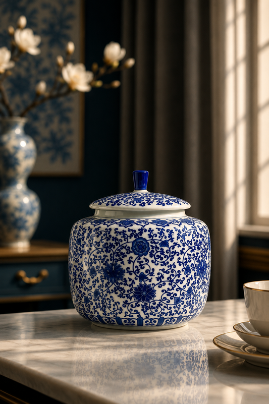 Imported Blue & White Porcelain Ginger Jar with Lid | Chinoiserie Floral Decorative Ceramic Temple Jar | Luxury Home Decor