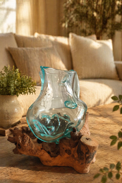 Handcrafted Molten Glass Driftwood Pitcher Vase –AquaPour Artisan Decor