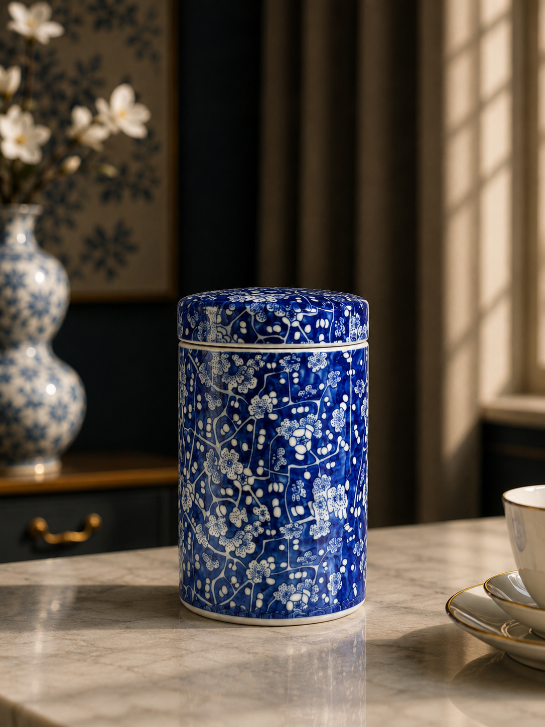 Imported Blue & White Porcelain Tea Canister with Lid | Decorative Ceramic Storage Jar | Chinoiserie Kitchen & Home Decor