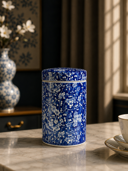 Imported Blue & White Porcelain Tea Canister with Lid | Decorative Ceramic Storage Jar | Chinoiserie Kitchen & Home Decor