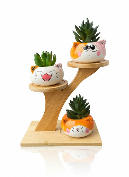 3 Cute Cat Ceramic Planters with Artificial Succulents & Diy Wooden Stand for Desk, Home & Office Table Decoration Gift Set