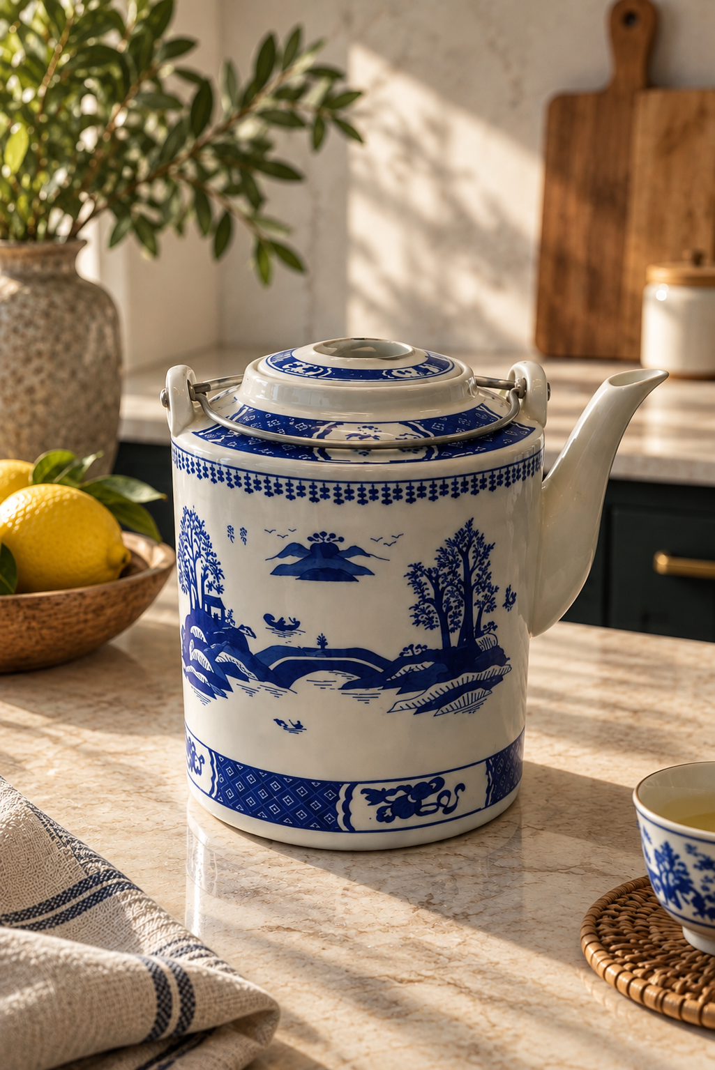 Blue & White Ceramic Teapot Scenic Chinese-Inspired Design