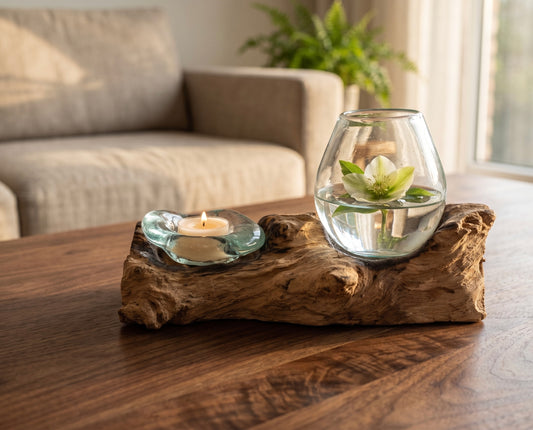 Handcrafted Molten Glass Driftwood Vase & Candle Holder -AquaFlame