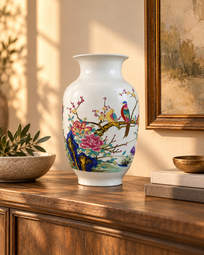 Floral & Bird Ceramic Decorative Vase- Blooming Brocade