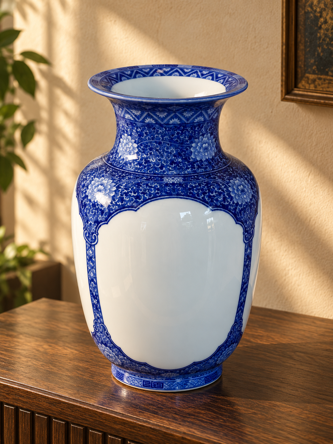 Blue & White Ceramic Vase – Ornamental Panel Design