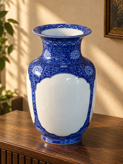 Blue & White Ceramic Vase – Ornamental Panel Design