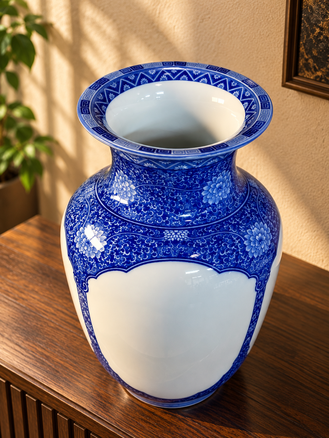 Blue & White Ceramic Vase – Ornamental Panel Design