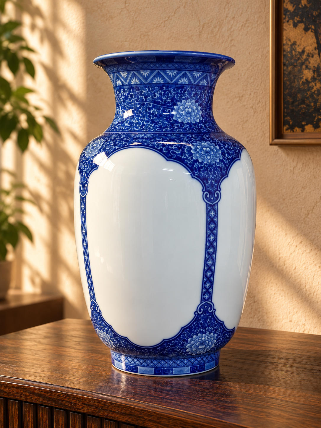 Blue & White Ceramic Vase – Ornamental Panel Design