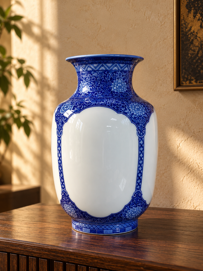 Blue & White Ceramic Vase – Ornamental Panel Design