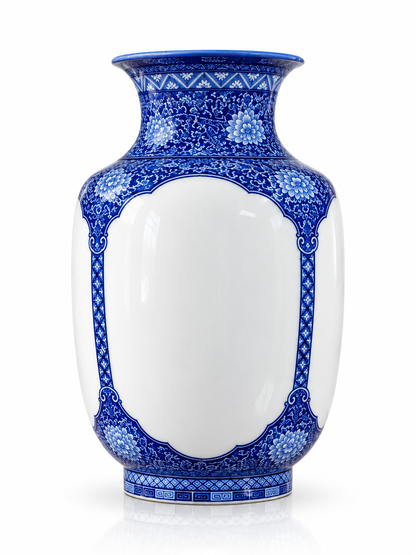 Blue & White Ceramic Vase – Ornamental Panel Design