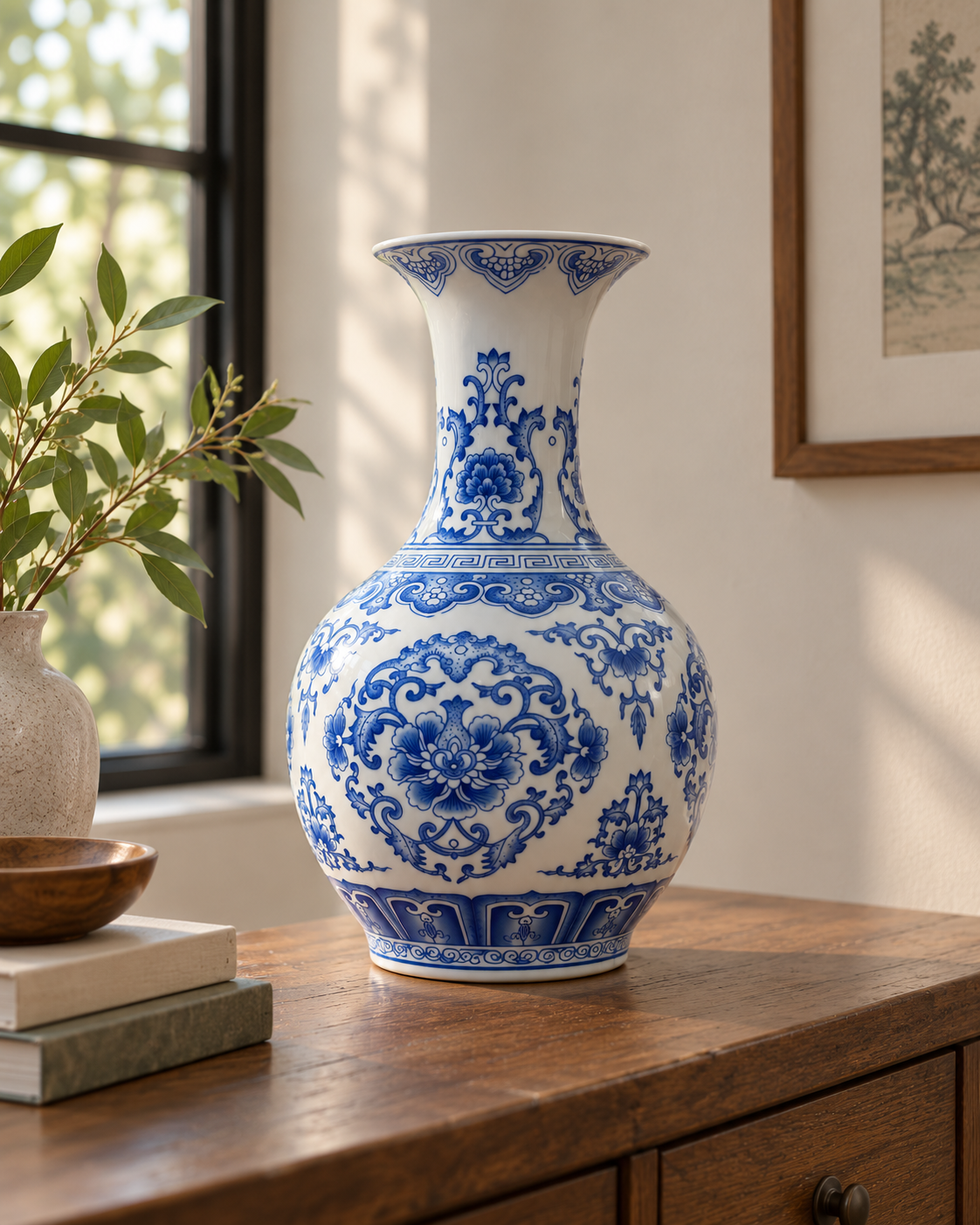 Blue & White Floral Ceramic Decorative Vase