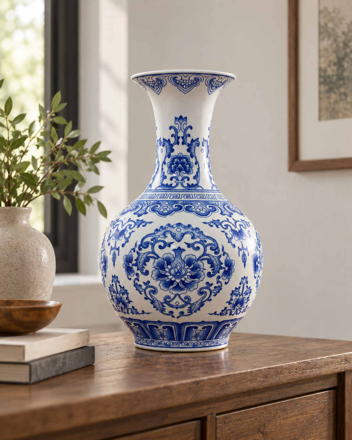 Blue & White Floral Ceramic Decorative Vase