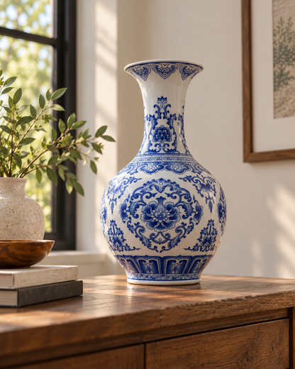 Blue & White Floral Ceramic Decorative Vase