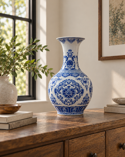 Blue & White Floral Ceramic Decorative Vase