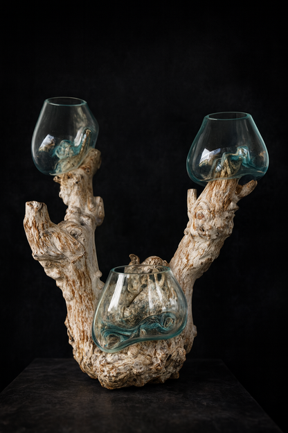 Triple handmade Molten Glass bowl on Driftwood base(limited rare edition)