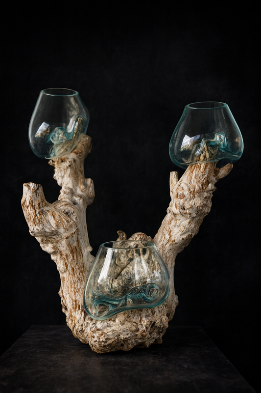 Triple handmade Molten Glass bowl on Driftwood base(limited rare edition)