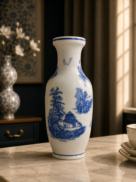 Imported Blue & White Chinese Porcelain Decorative Vase | Luxury Chinoiserie Ceramic Flower Vase | Landscape Design
