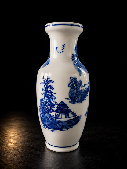Imported Blue & White Chinese Porcelain Decorative Vase | Luxury Chinoiserie Ceramic Flower Vase | Landscape Design