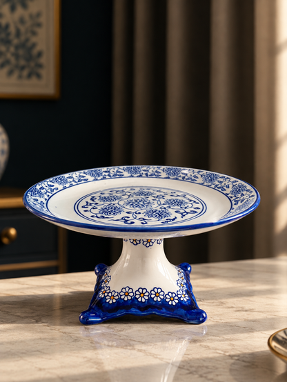 Blue & White Floral Ceramic Pedestal Stand