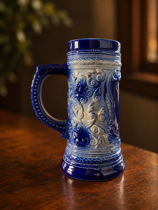 Blue & White Embossed Ceramic Stein Mug