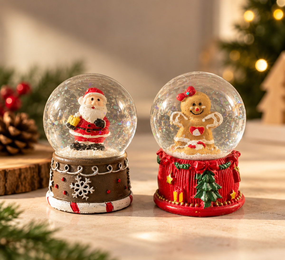Christmas snow globe set of two with Santa Claus and gingerbread man