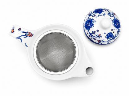 Imported Porcelain Teapot with Stainless Steel Infuser & Lid | Blue & White Floral Ceramic Loose Leaf Tea Pot | 17 cm