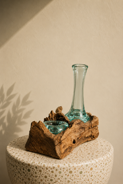 Handcrafted Molten Glass Driftwood Vase & Candle Holder -AquaFlame