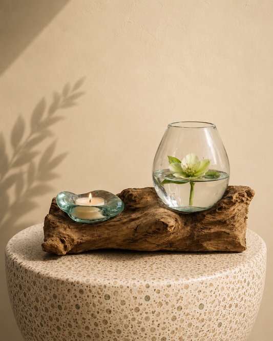 Handcrafted Molten Glass Driftwood Vase & Candle Holder -AquaFlame