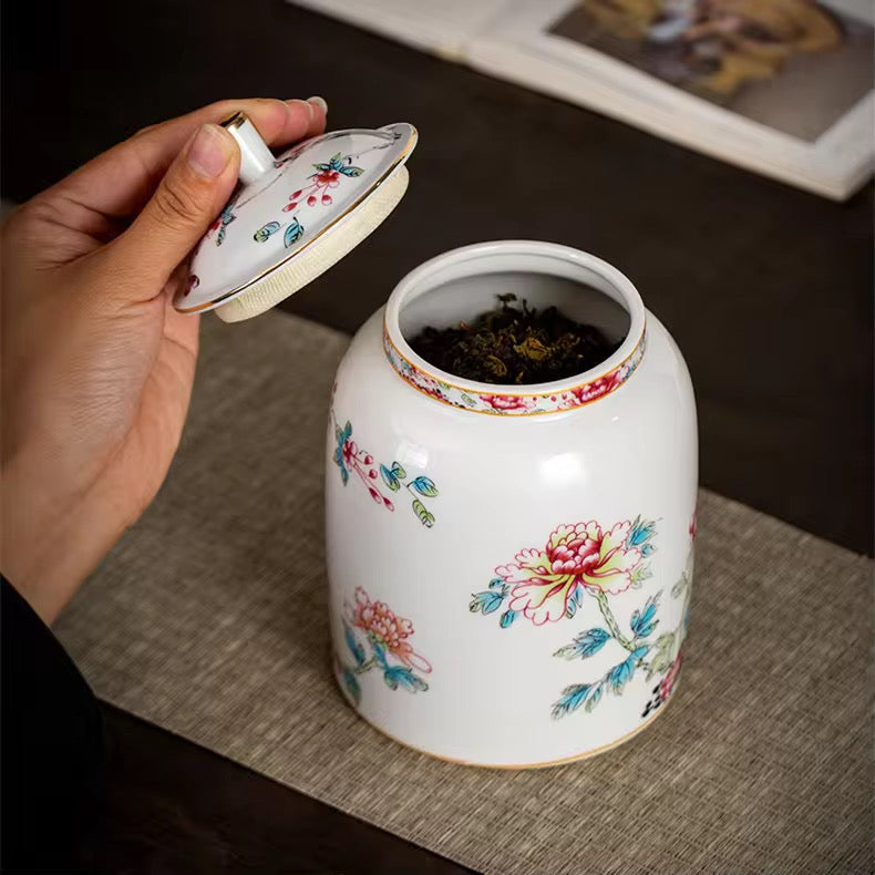 Imported Chinese Porcelain Tea ginger Jars With Lids Jingdezhen Hand-Painted bird floral Ceramic Style white pottery golden top Container spices