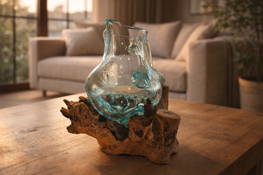 Handcrafted Molten Glass Driftwood Pitcher Vase –AquaPour Artisan Decor