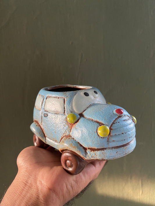 Blue car ceramic planter