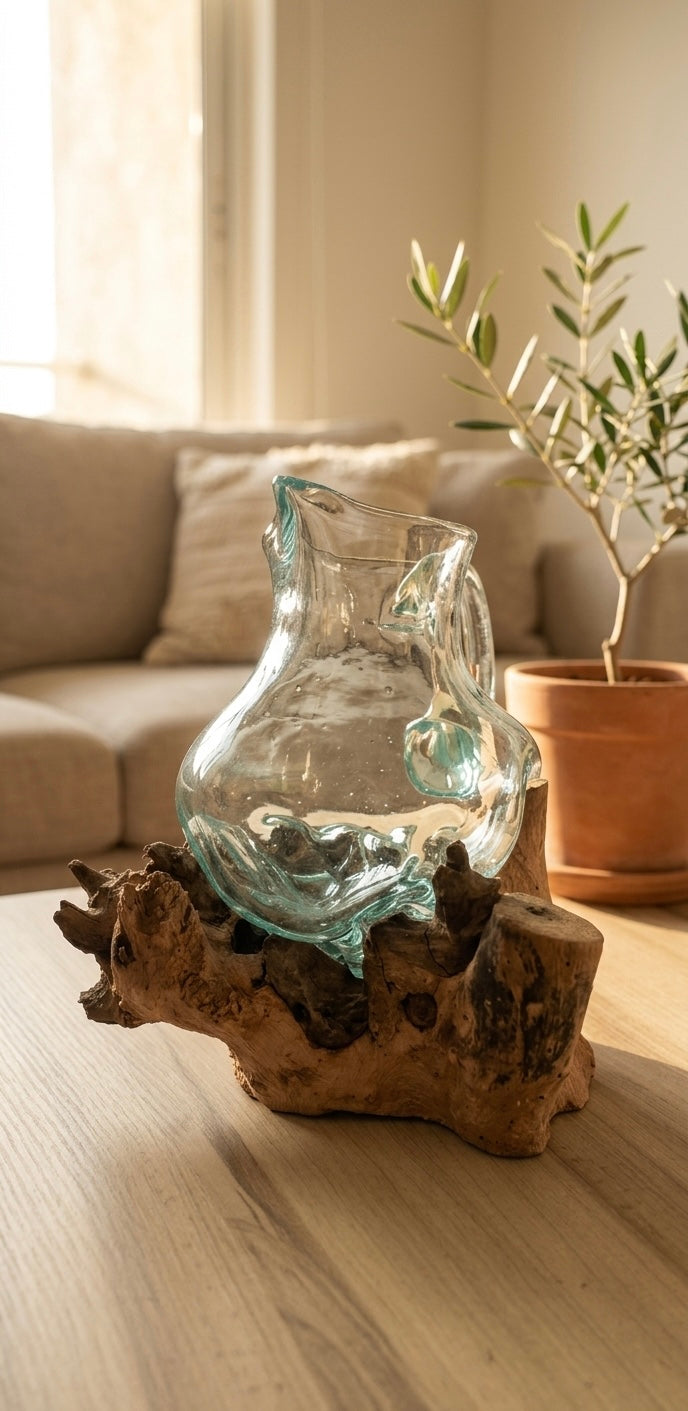 Handcrafted Molten Glass Driftwood Pitcher Vase –AquaPour Artisan Decor