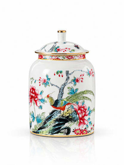 Imported Chinese Porcelain Tea ginger Jars With Lids Jingdezhen Hand-Painted bird floral Ceramic Style white pottery golden top Container spices