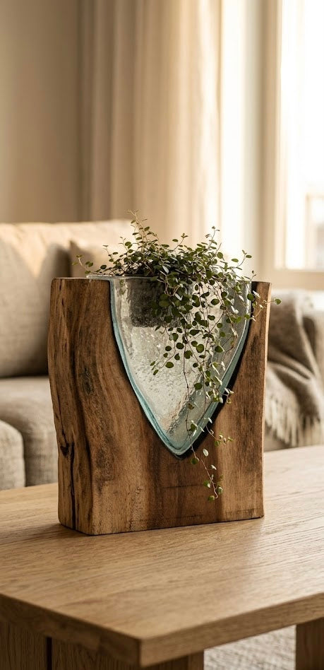 Small Molten Glass on teak Driftwood-forestwall