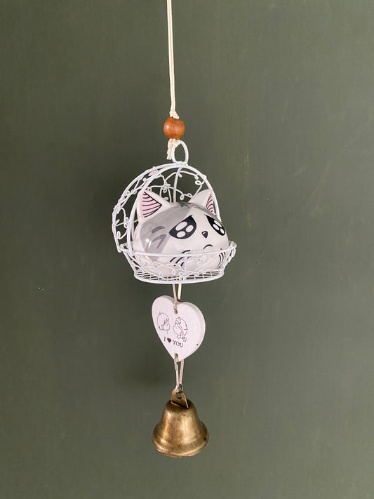 Ceramic Cat figurine in cage themed windchime