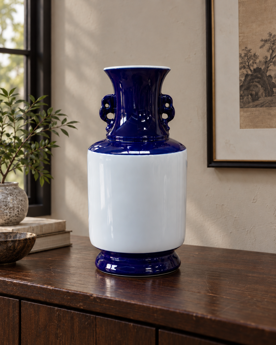 Blue & White Ceramic Vase with Ornate Handles