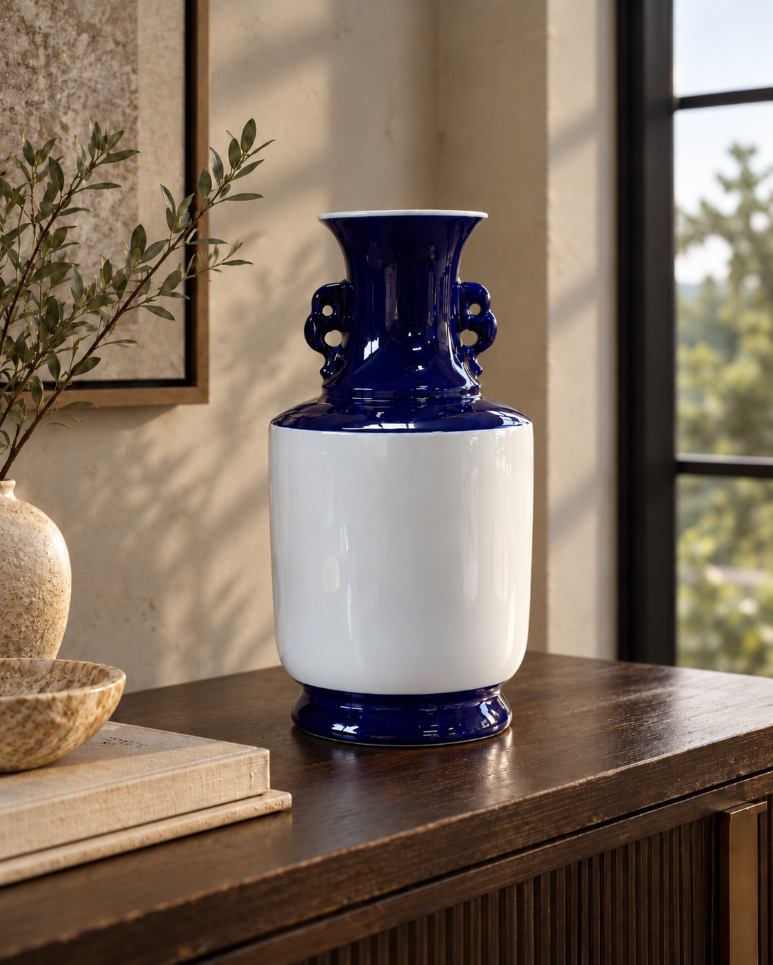 Blue & White Ceramic Vase with Ornate Handles